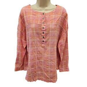 Beach Lunch lounge sz XL guaze crinkle button up long sleeve orange raglan top